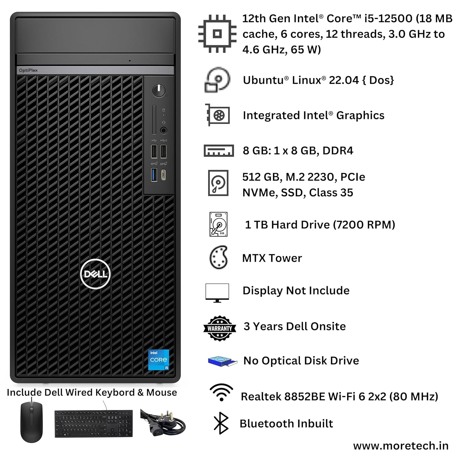 Dell OptiPlex 7010 Mini Tower (MT)-Intel Core i5 12th Gen | 8 GB DDR4 | 1 TB+512 GB SSD | Ubuntu | 3 Years Onsite Warranty | Wi-Fi & Bluetooth | Without Monitor & ODD

