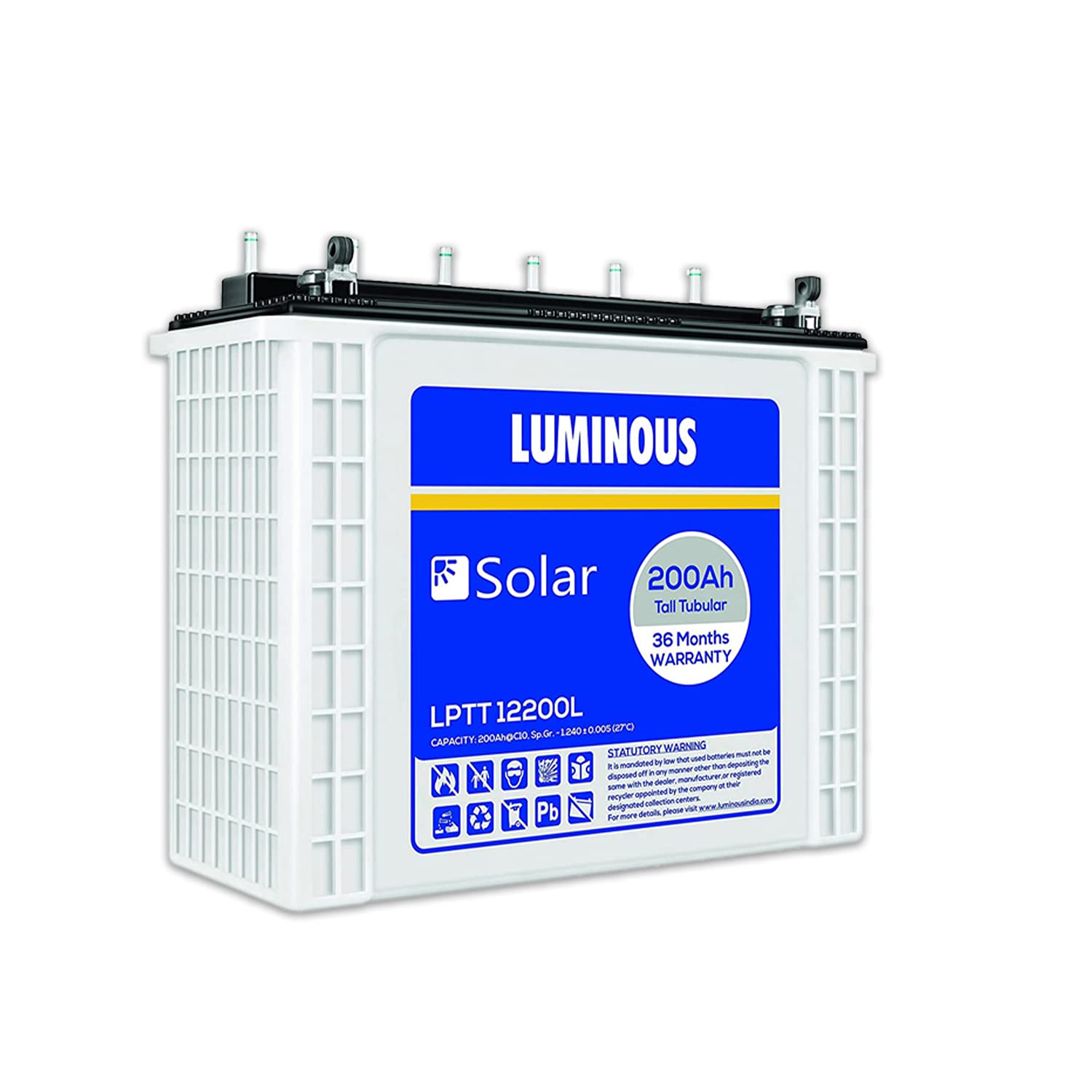 Luminous Solar LPTT12200L 200 Ah Tall Tubular Inverter Battery for Home, Office & Shop with 36 Months Warranty (White Container & Black Cover)
