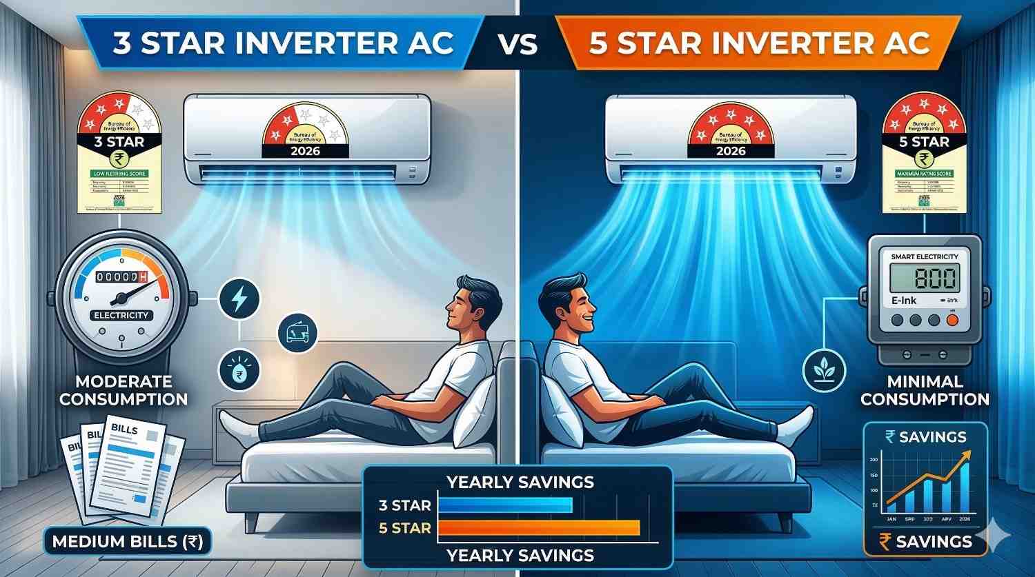 3 Star AC vs 5 Star AC comparison showing electricity consumption difference and best AC buying guide 2026