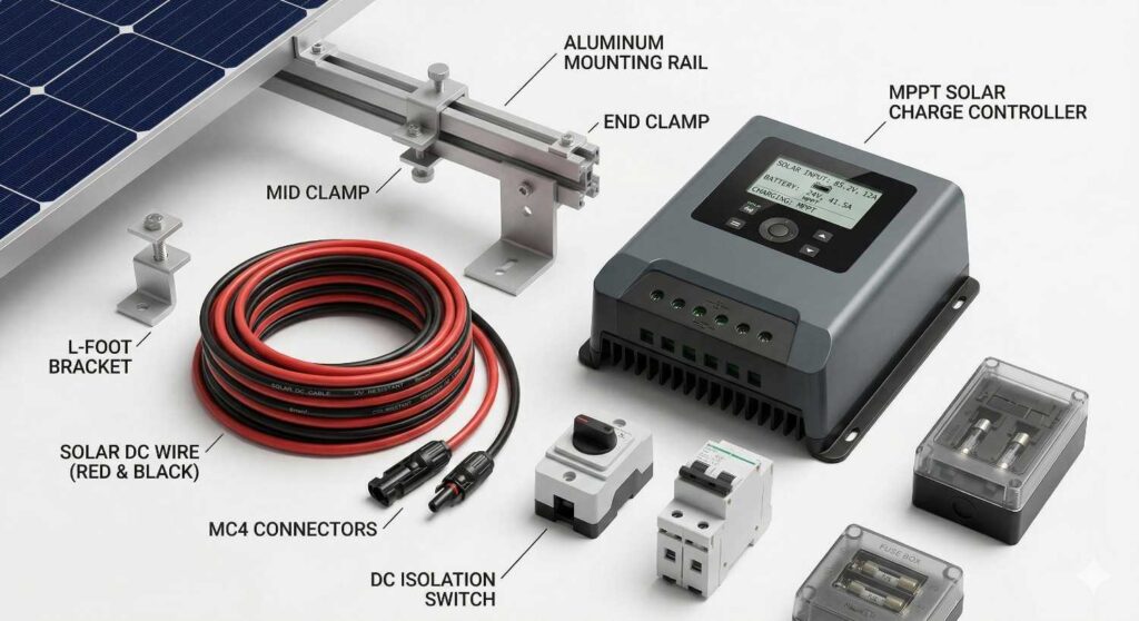 MPPT controller, MC4 connector, solar wire and mounting structure