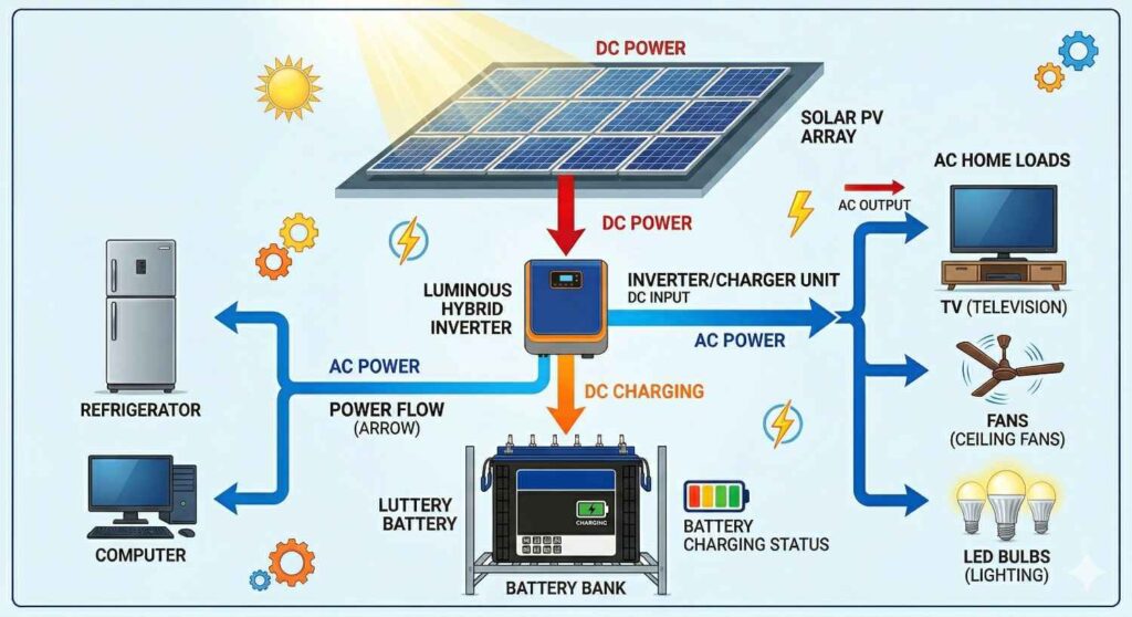 Solar panels running fans and lights while charging inverter battery
